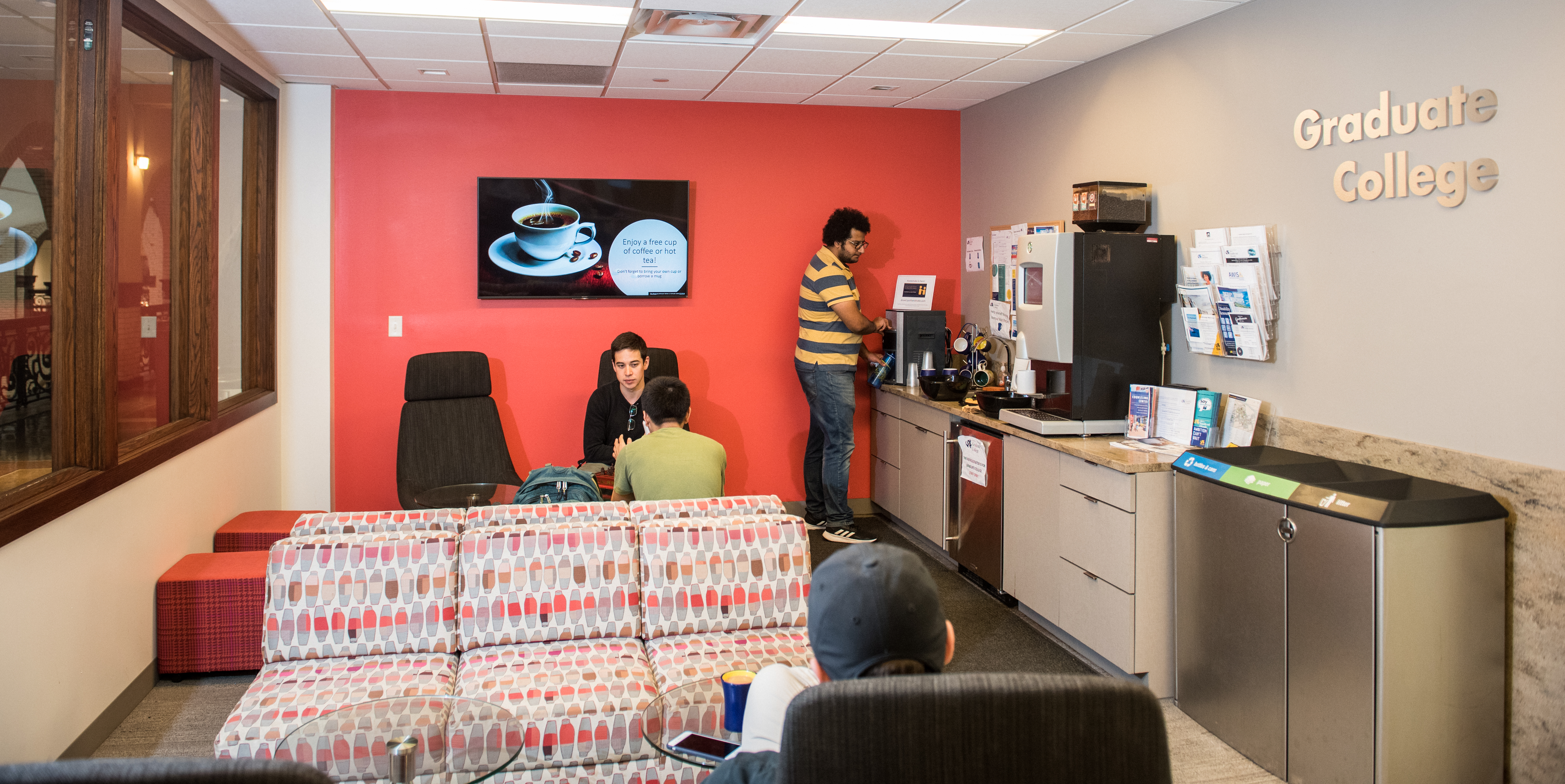 office space with couches and coffee machine